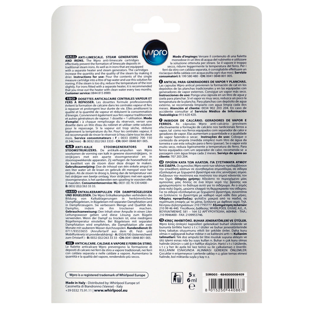 Verpackung mit Wpro Entkalker-Ampullen für Dampfbügeleisen und Bügeleisen.