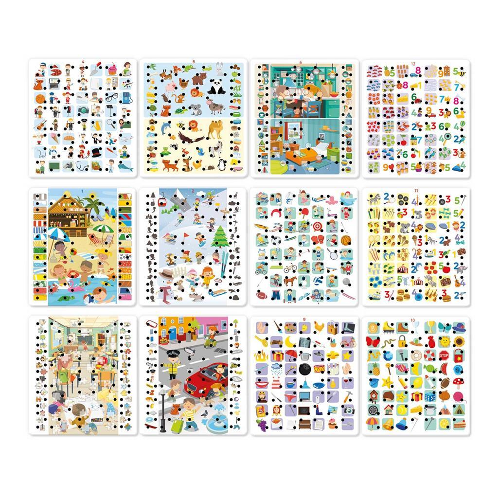 Kleurrijke collage van leerkaarten met cijfers, dieren en objecten.