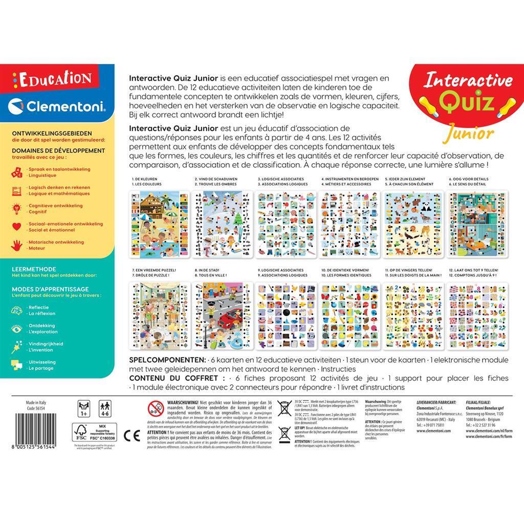Productverpakking Clementoni Interactive Quiz Junior, educatief spel voor kinderen vanaf 4 jaar.