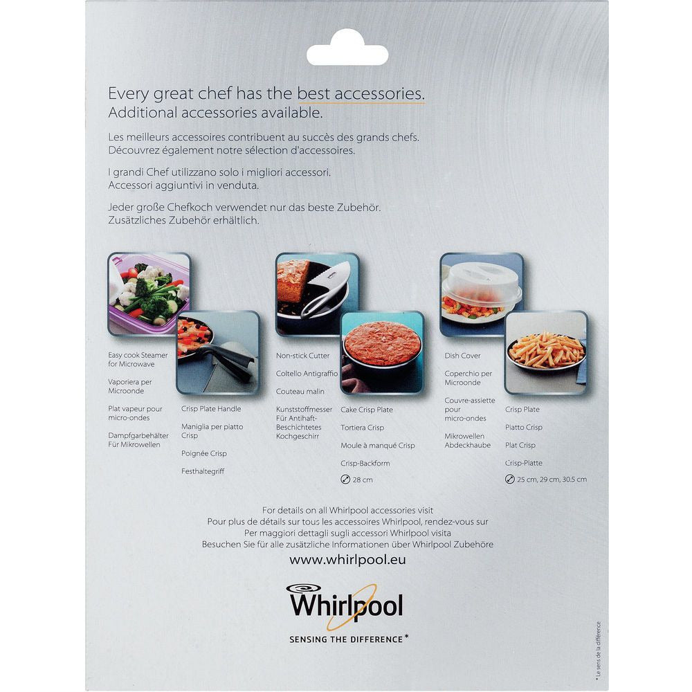 Accessori Whirlpool: vaporiera, piatto per torte, piatto crisp microonde.