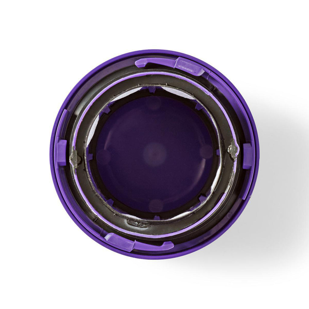 A purple cap with a black rubber seal and internal metal parts.
