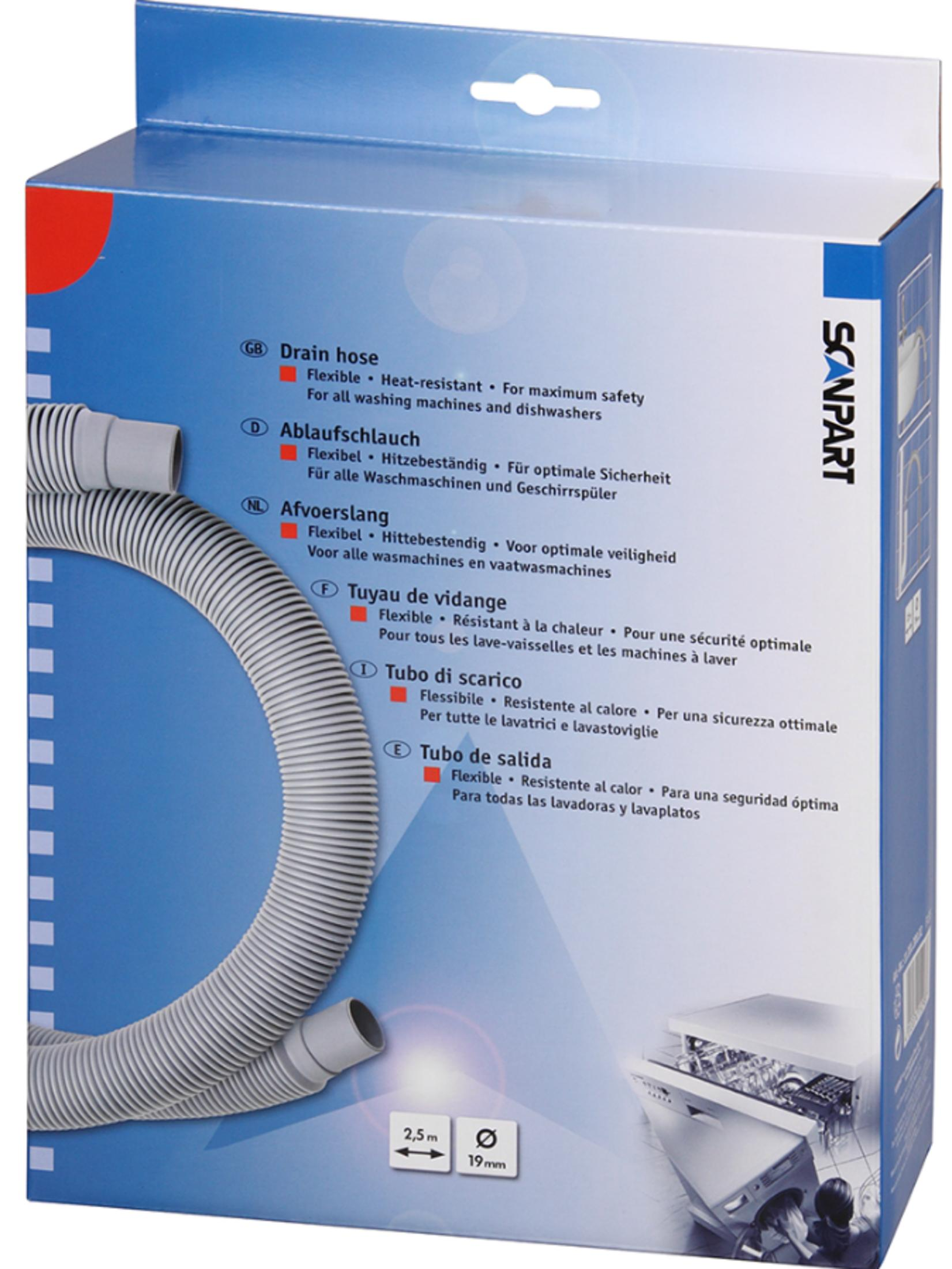 Verpackung eines flexiblen Ablaufschlauchs für Waschmaschinen und Geschirrspüler.