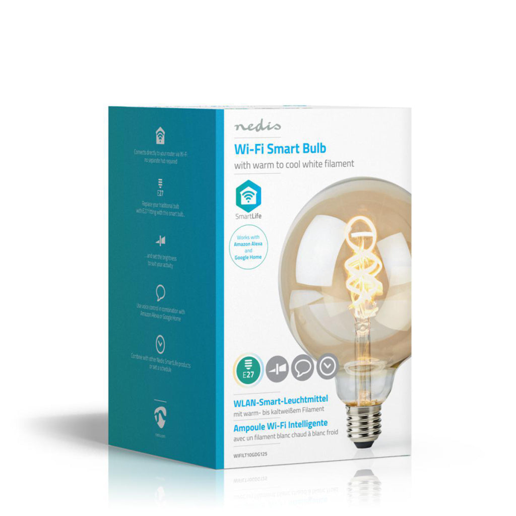 Confezione di una lampadina smart Wi-Fi Nedis con filamento bianco caldo-freddo.