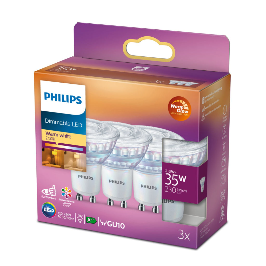 Box of three dimmable Philips GU10 LED bulbs, 2700K, Warm white.