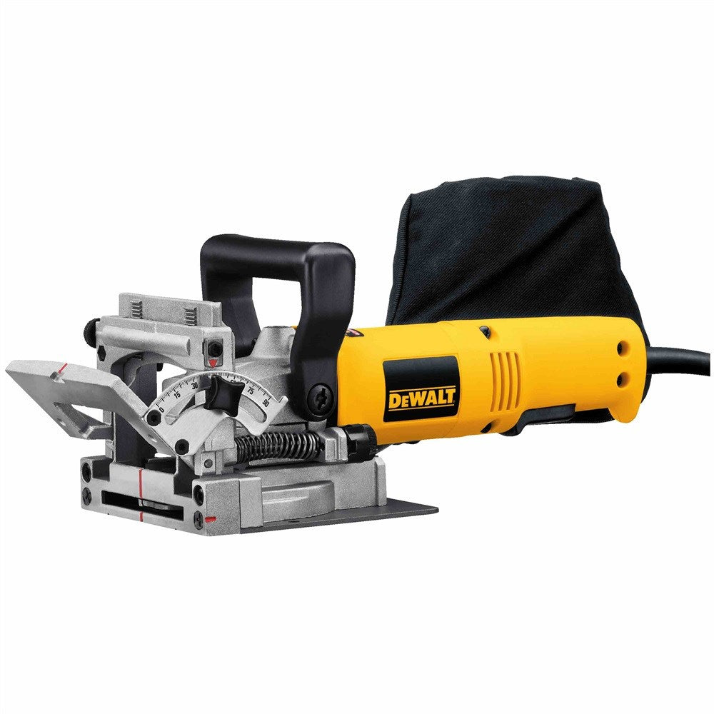 Ein gelber Dewalt-Dübelfräser mit schwarzem Staubbeutel und Winkelskala.