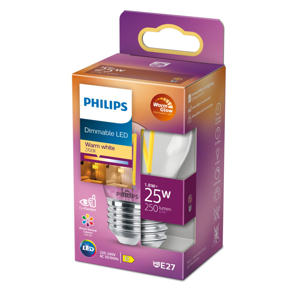 Lampadina LED dimmerabile Philips, bianco caldo 2700K, attacco E27, 1,8W, 250 lumen.
