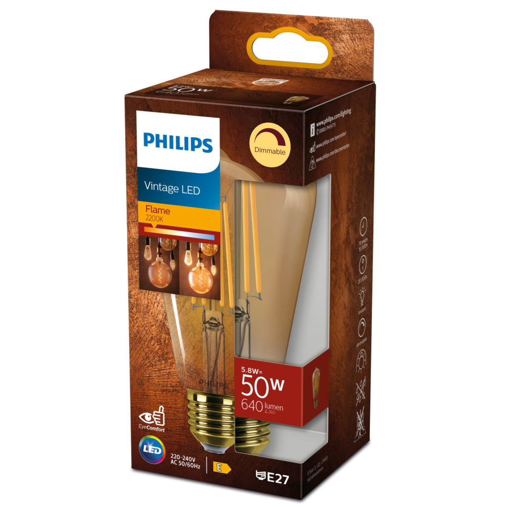 Emballage ampoule LED Vintage Philips, avec ampoule à filament visible. Dimmable, 5,8W, 640 lumens, culot E27.