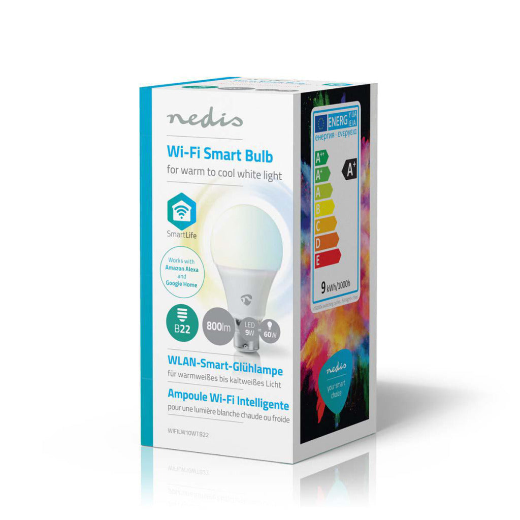 Confezione di una lampadina smart Nedis Wi-Fi per luce bianca calda o fredda.