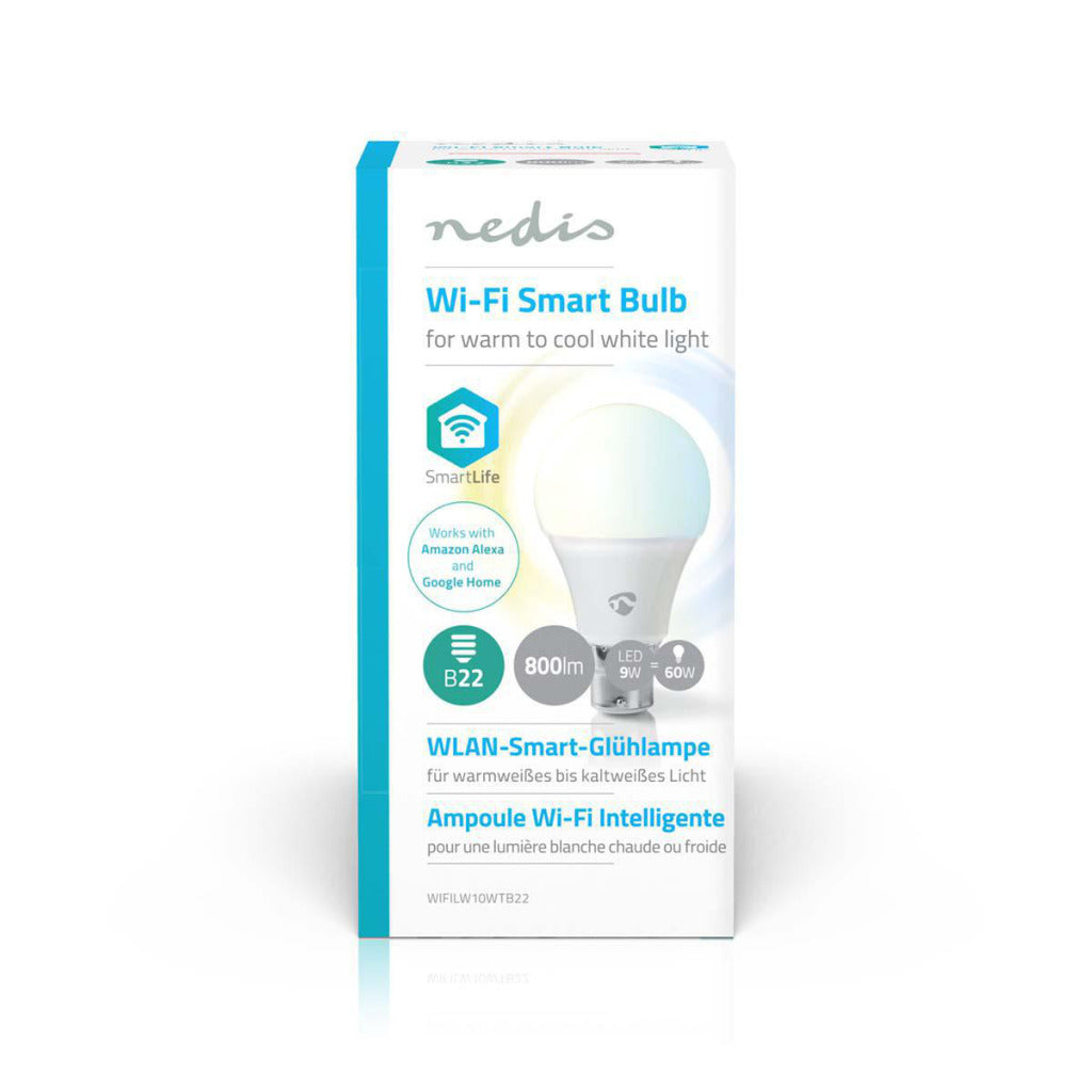 Confezione di una lampadina smart Wi-Fi Nedis, 800lm, B22, 9W, per luce calda-fredda.