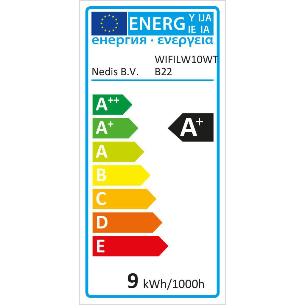 Etichetta energetica con classi di efficienza da A++ a E. La lampada è A+.