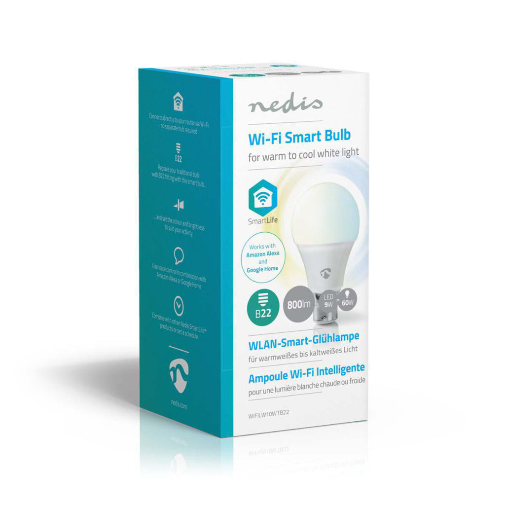 Scatola di una lampadina smart Wi-Fi Nedis, B22, 800lm, 9W, 60W, luce da calda a fredda.