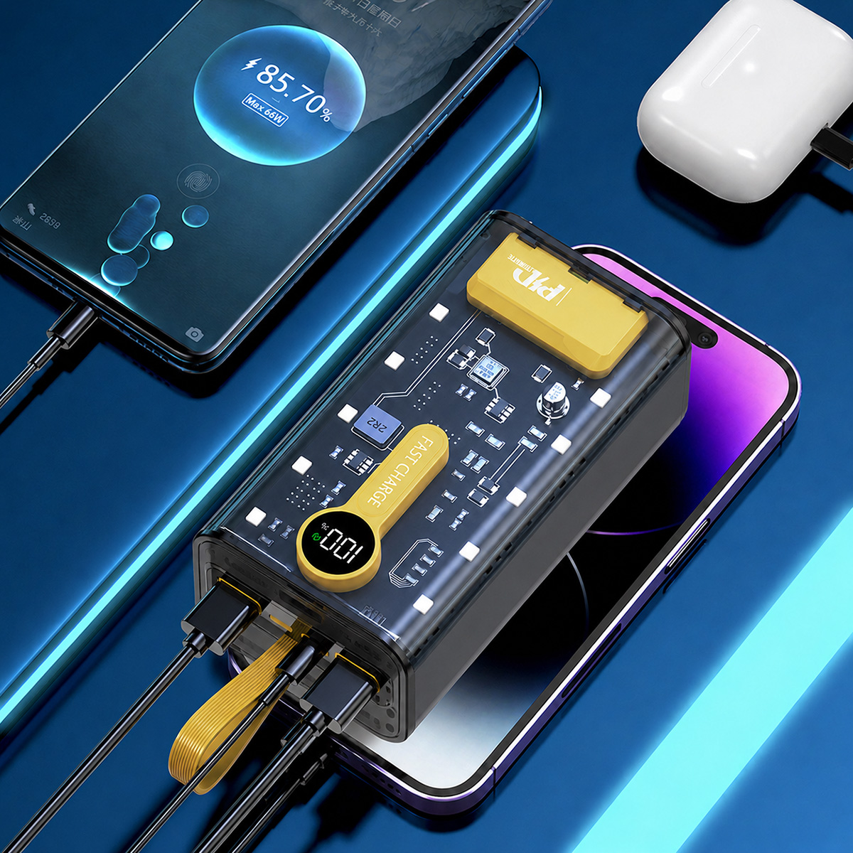 Una batería externa transparente con acentos amarillos carga un smartphone al 85,70%.