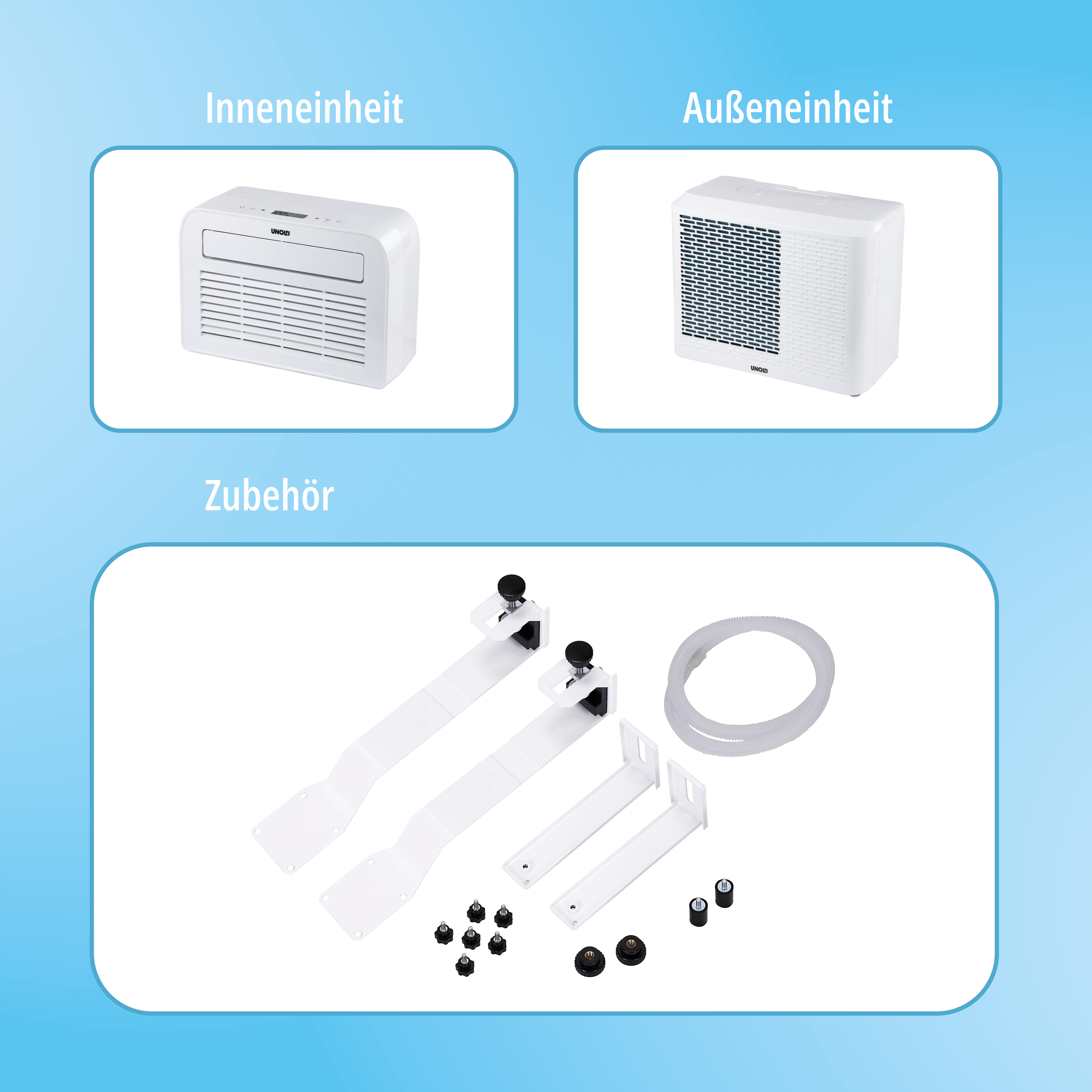 Ein-/Außengerät und Zubehör für eine Klimaanlage auf weißem Hintergrund.