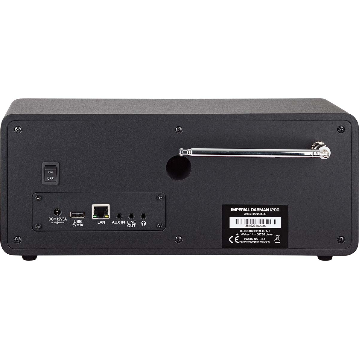 Rückseite eines schwarzen Radios mit Anschlüssen: DC, USB, LAN, AUX IN, LINE OUT und Antenne.