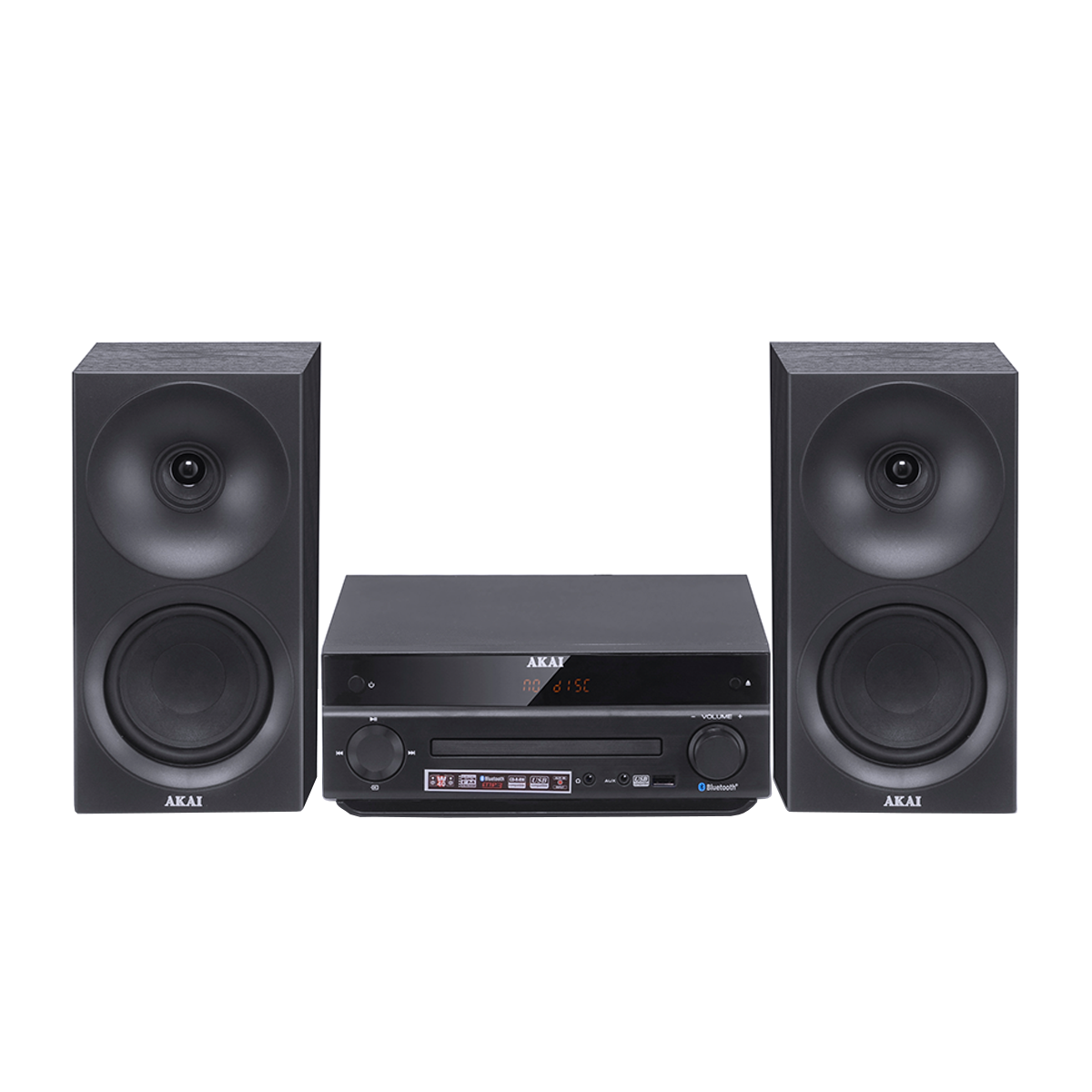 Czarny system stereo AKAI z dwoma głośnikami i jednostką centralną.