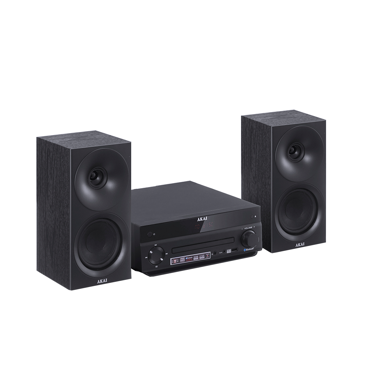 Czarny kompaktowy system stereo z dwoma głośnikami i odtwarzaczem CD.