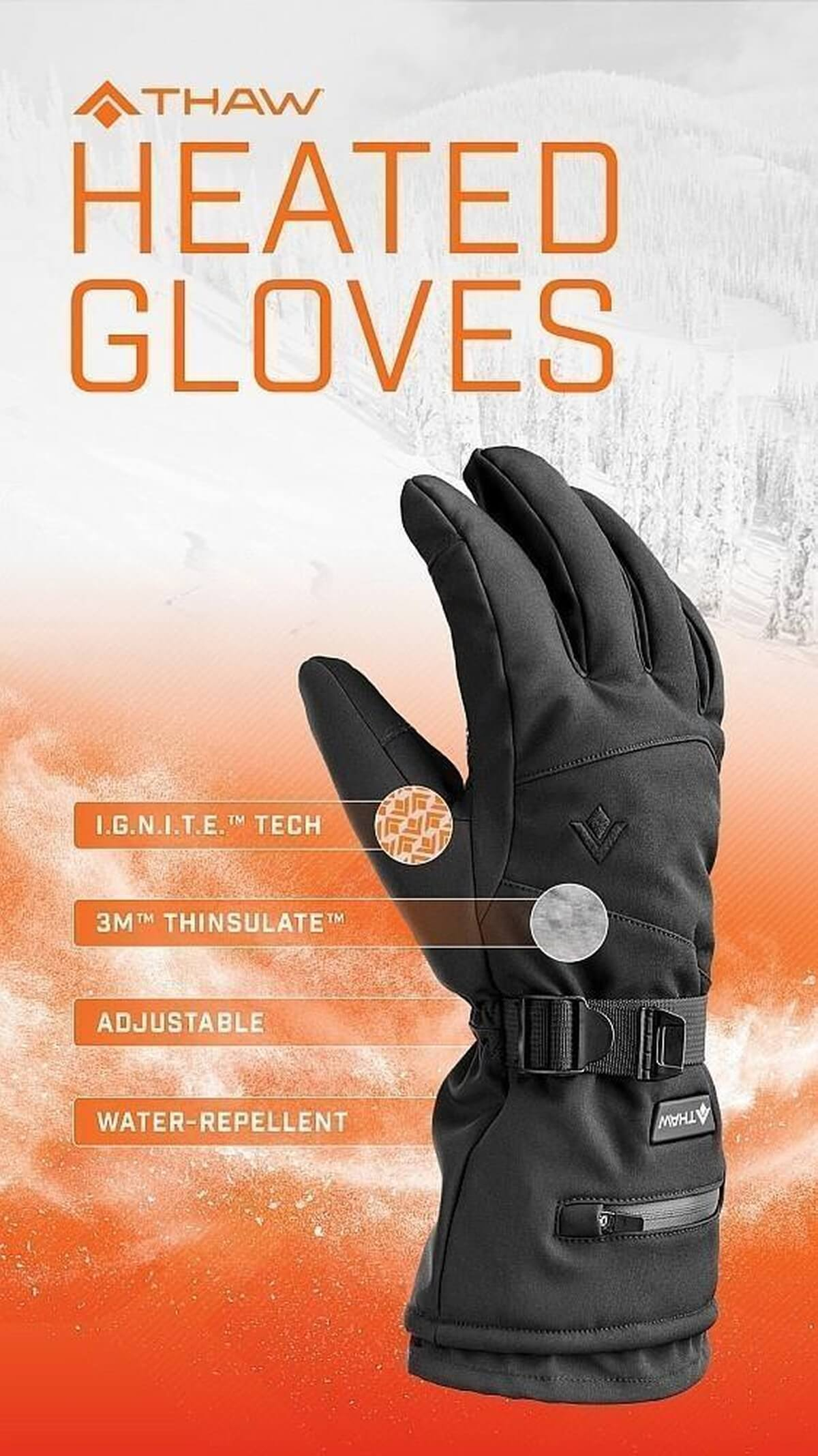 Guanti riscaldati neri THAW con I.G.N.I.T.E. Tech, 3M Thinsulate, regolabili, idrorepellenti.