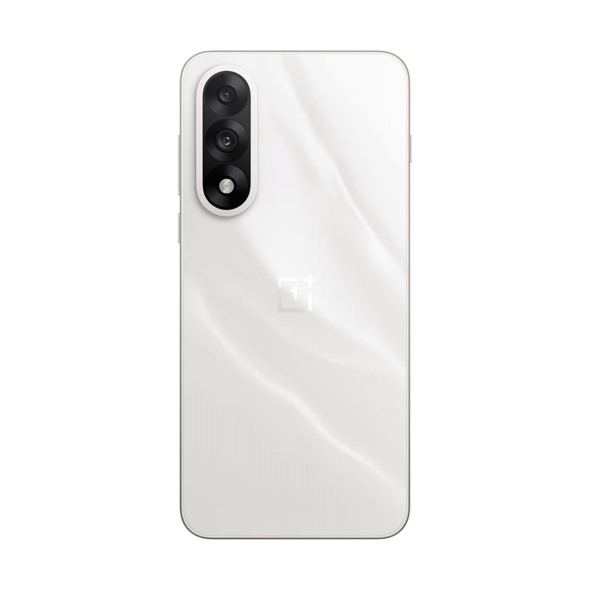 Weiße Rückseite eines Smartphones mit dreifacher Kamera und OnePlus-Logo.
