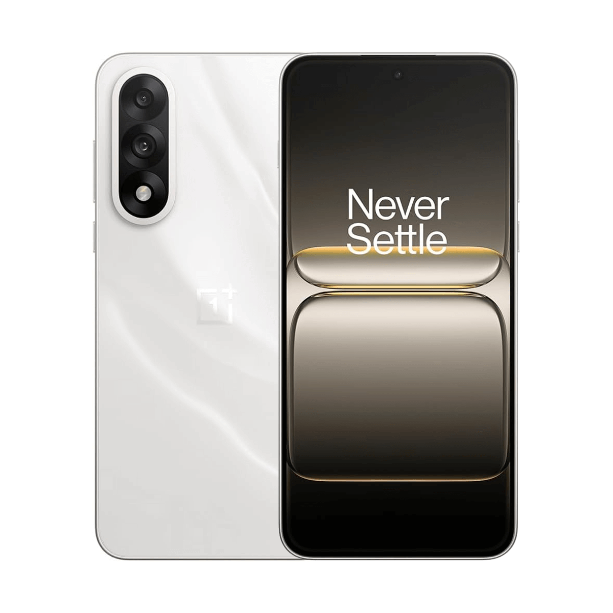 Ein weißes Smartphone mit drei Kameras auf der Rückseite und einem "Never Settle"-Logo auf dem Bildschirm.