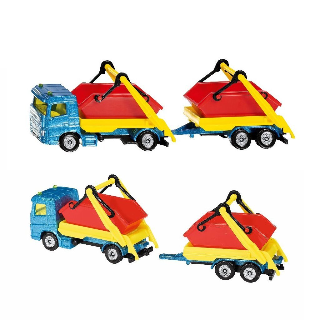 Camion blu con cassone rosso e giallo, due viste.