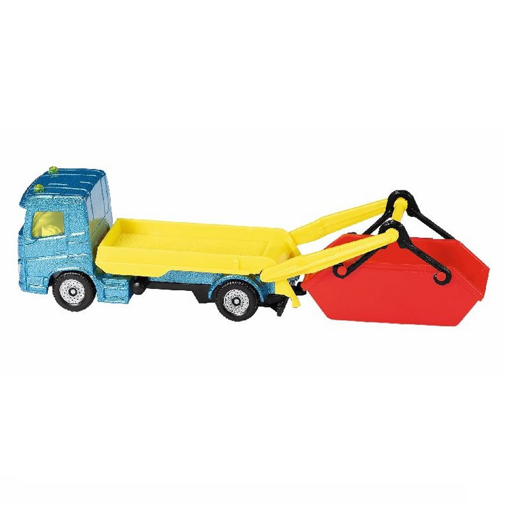 Un camion blu con cassone giallo e container rosso, su sfondo bianco.