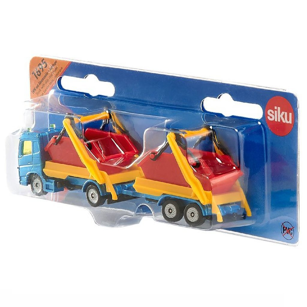 Due camion della spazzatura giocattolo blu con bracci gialli e cassoni rossi.