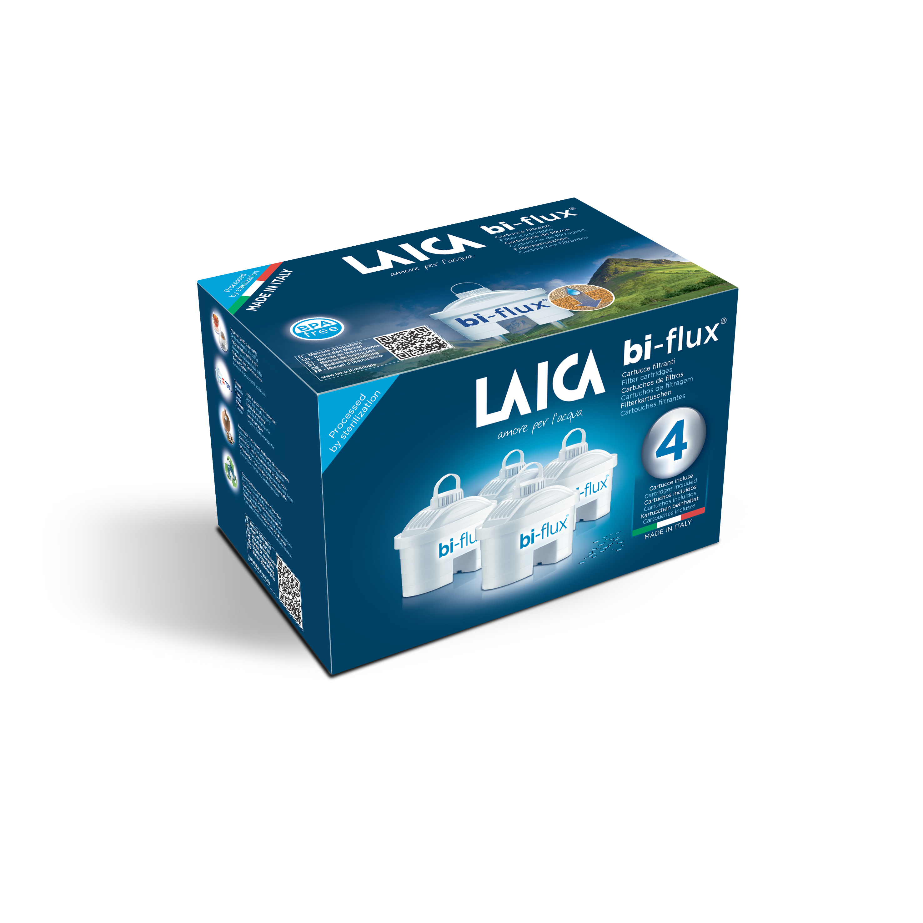 Caja azul con cuatro filtros de agua LAICA Bi-Flux, Made in Italy.
