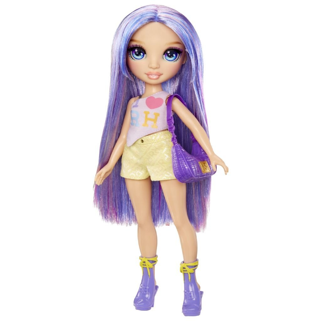 Puppe mit langen lila Haaren, gelben Shorts, lila Oberteil und lila Tasche.