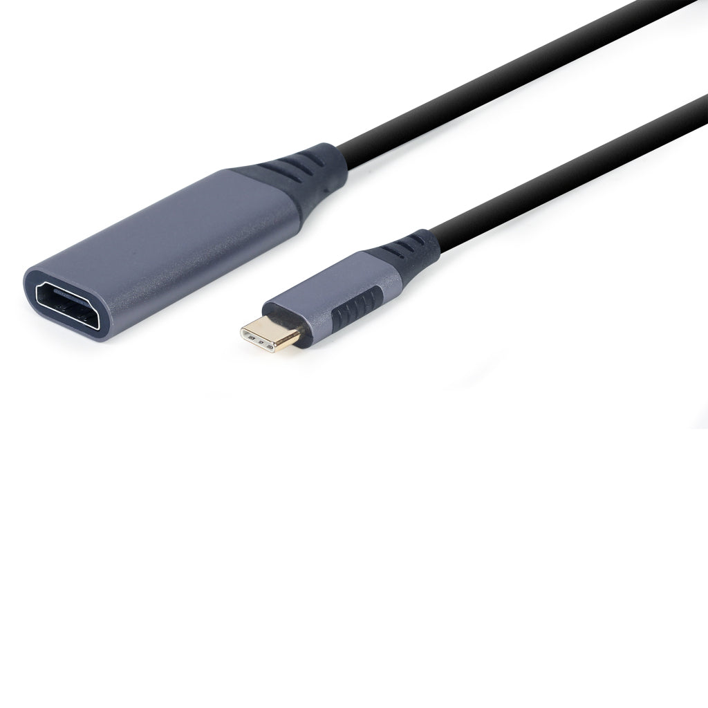 Un câble noir avec un connecteur HDMI et un connecteur USB-C.