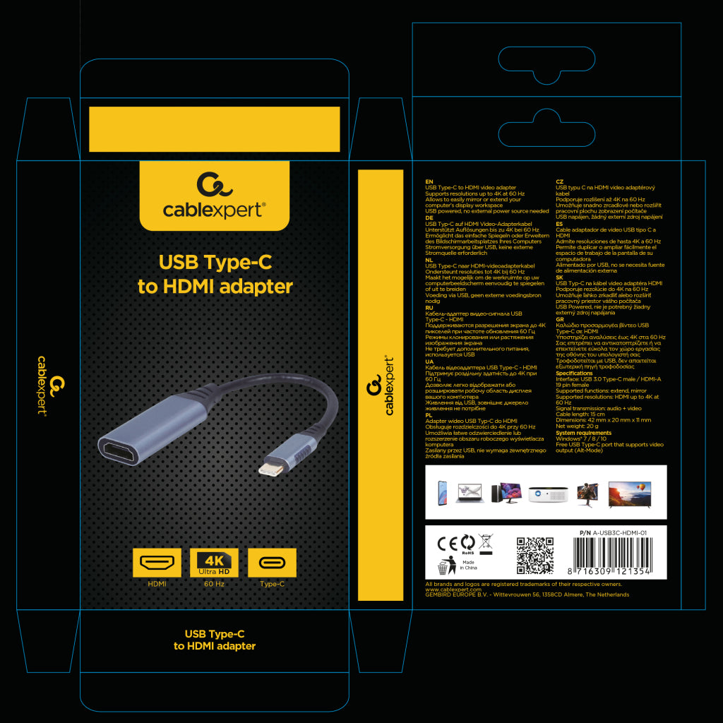 Câble adaptateur USB-C vers HDMI avec prise en charge 4K/60Hz, connecteurs HDMI et USB-C.