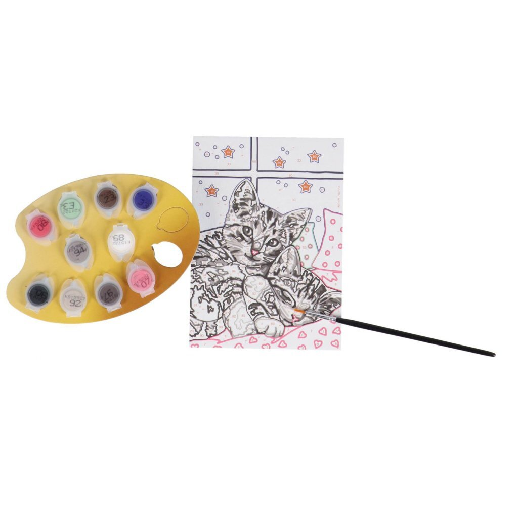 Kit de pintura por números con paleta, pincel y contorno de dos gatos.