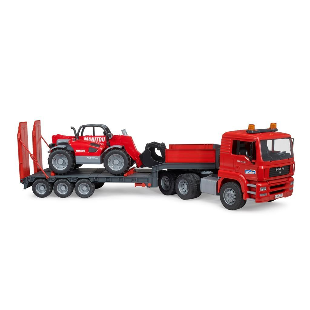 Ein roter Spielzeug-Lastwagen transportiert einen roten Spielzeug-Lader auf seinem Auflieger.