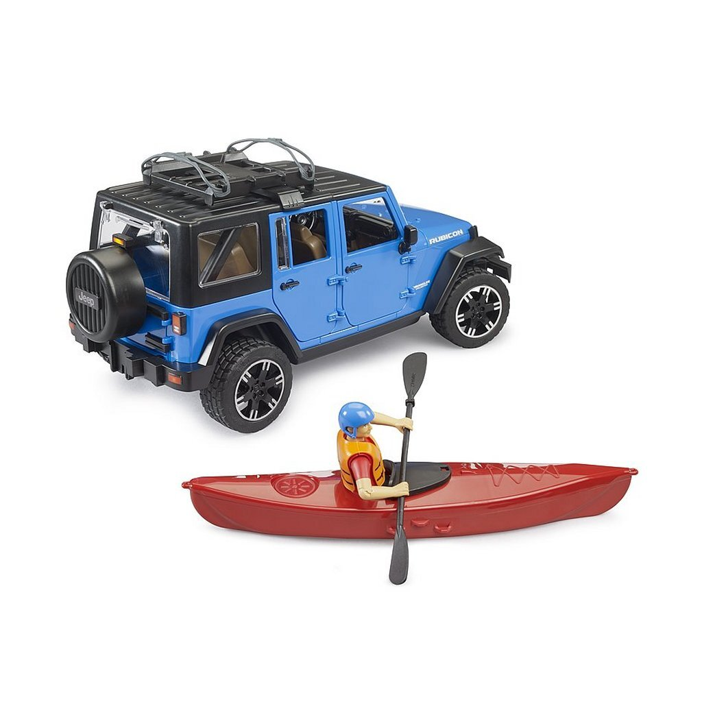 Blauer Jeep mit Dachgepäckträger neben rotem Kajak mit Paddler.