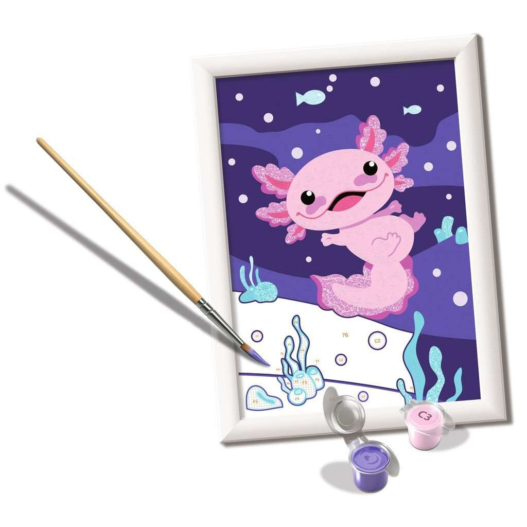 Pintura de ajolote rosa con fondo morado y plantas acuáticas.