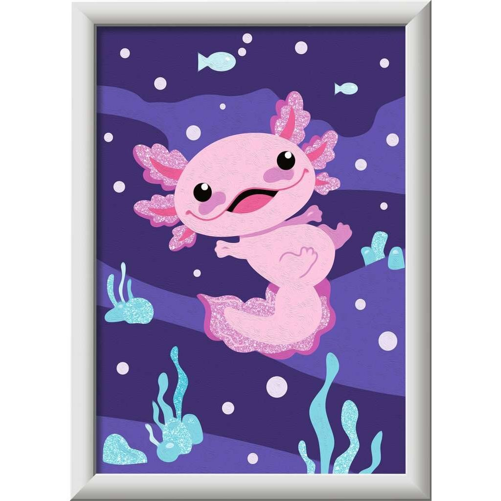 Un ajolote rosa nada en agua morada con algas y peces.