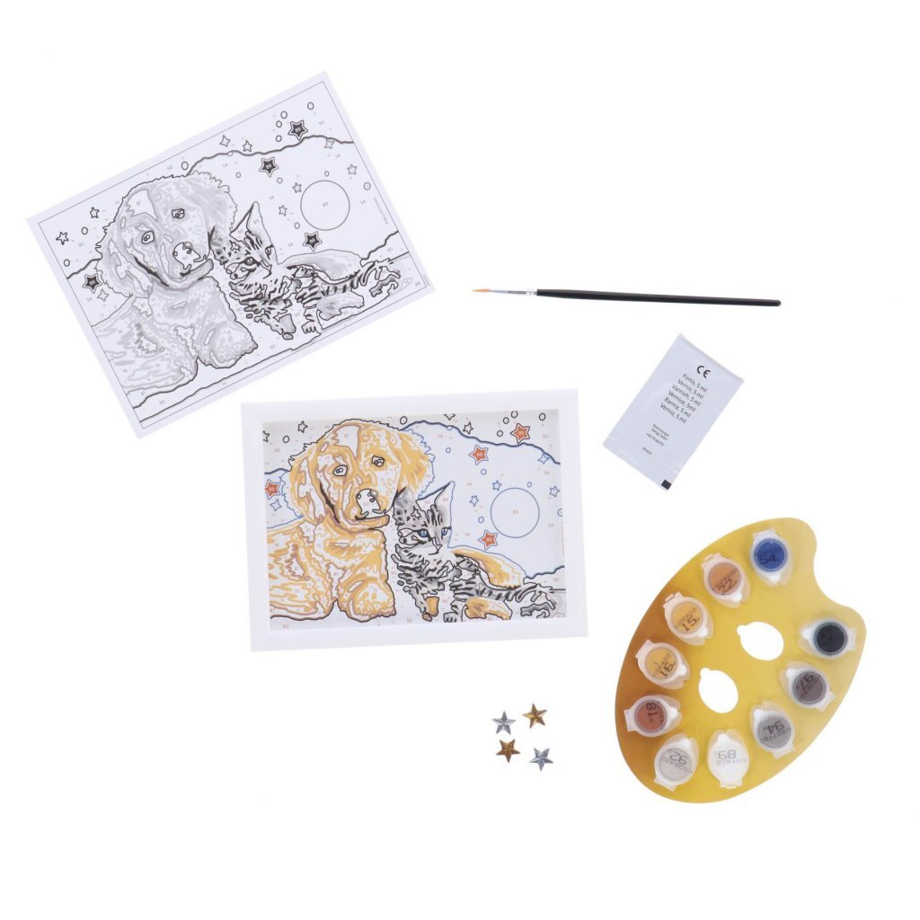 Un kit de pintar por números con perro y gato, pincel, pinturas y estrellas.