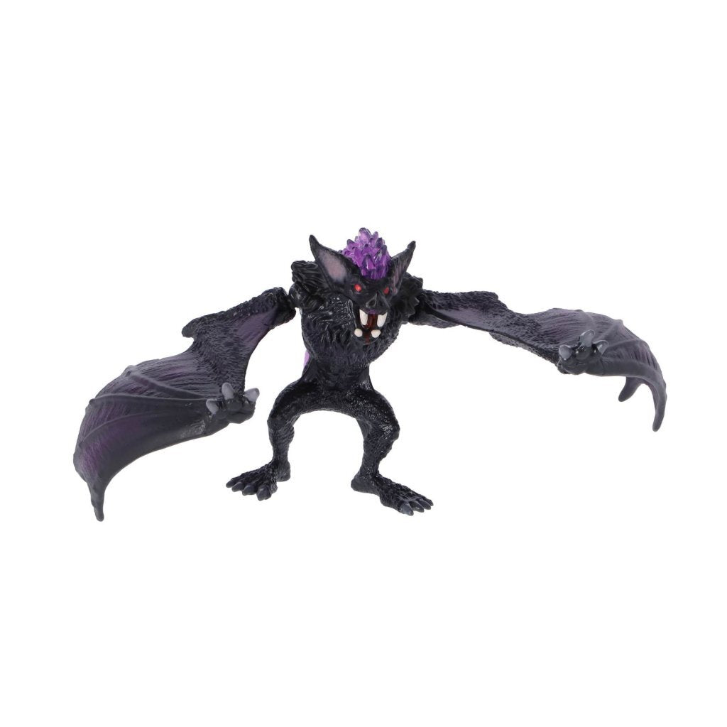 Figura di pipistrello scuro con cresta viola e occhi rossi, ali spiegate.