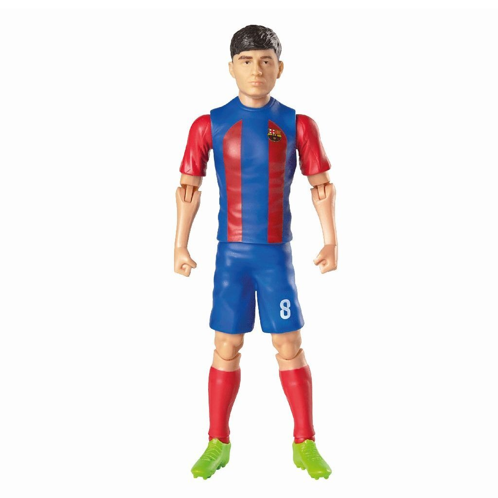 Una figura de acción de un futbolista con camiseta azul y roja y pantalón azul.