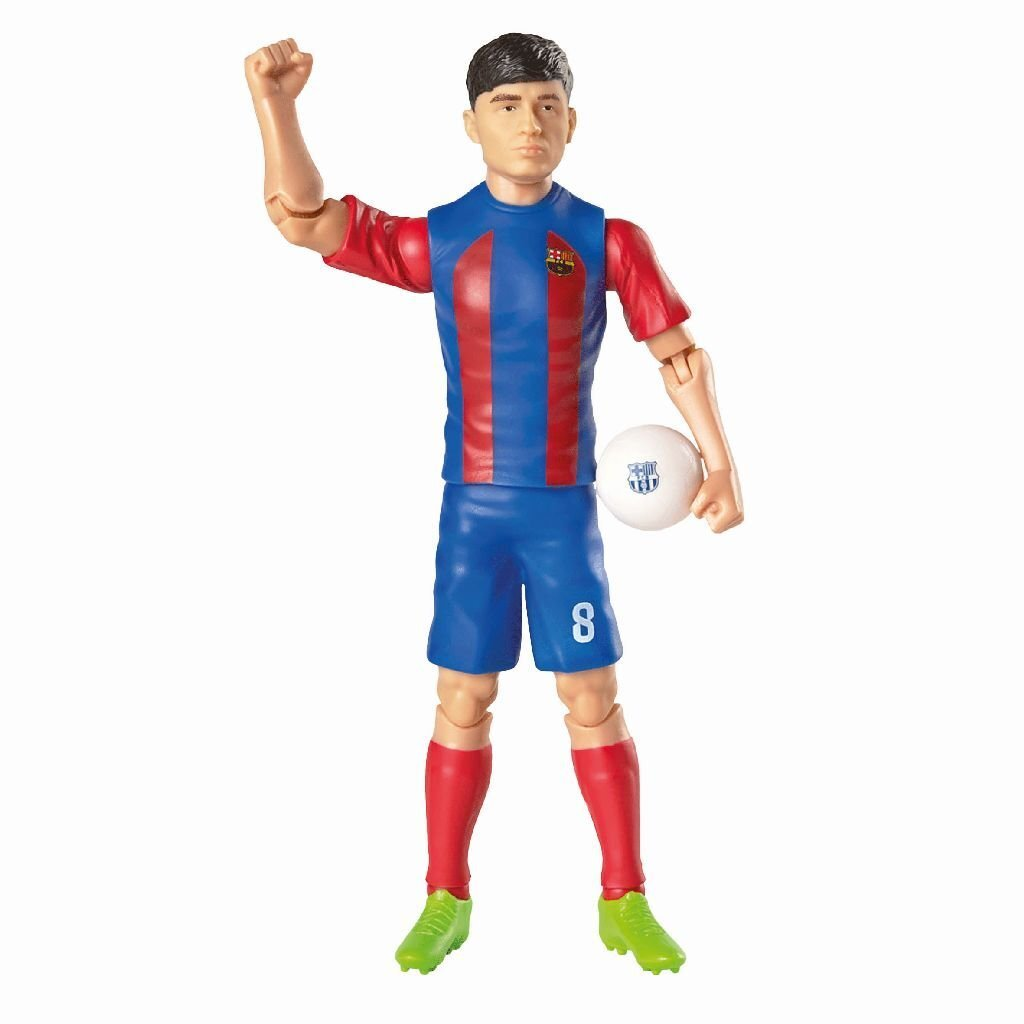 Figura de acción de fútbol con camiseta azul y roja, balón y puño en alto.