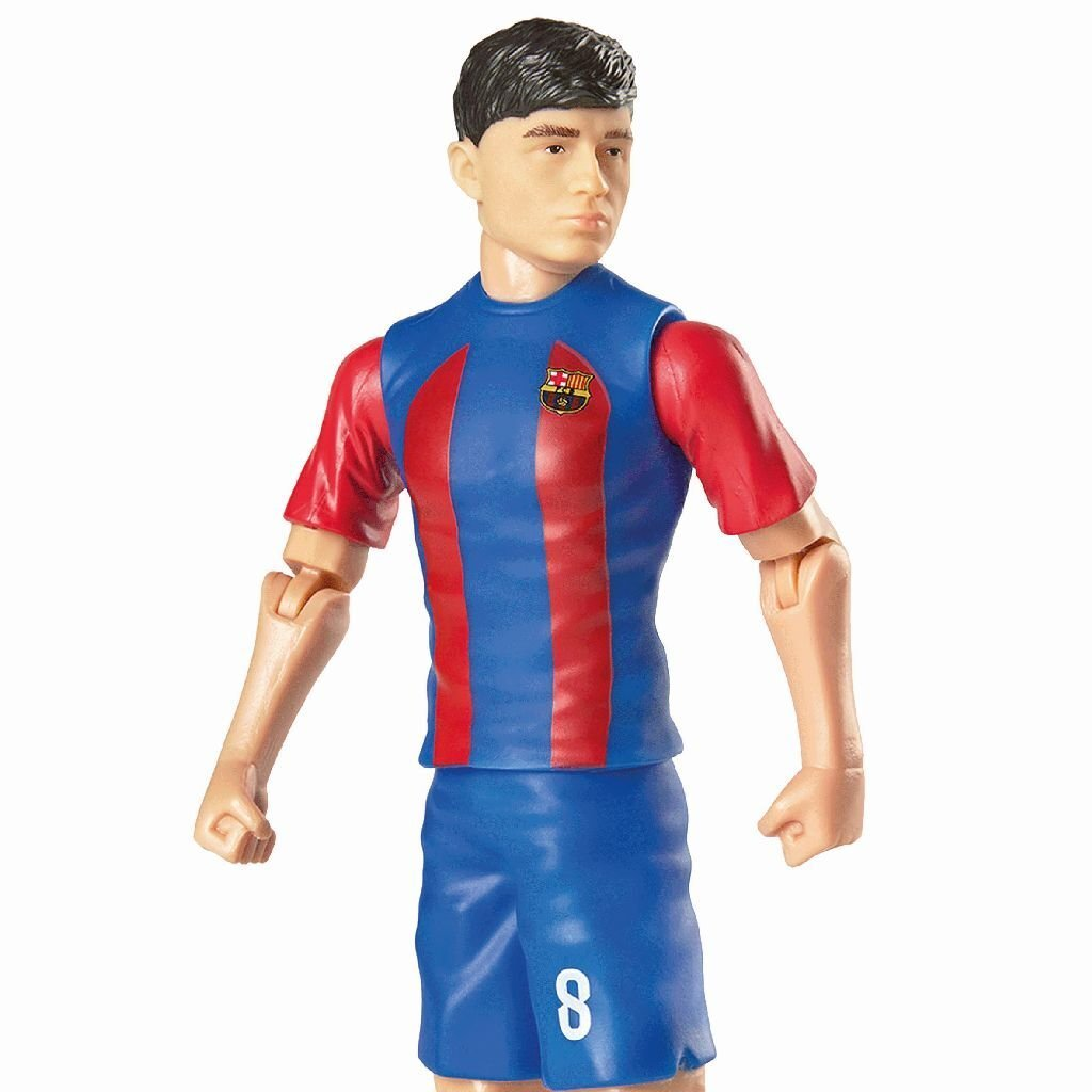 Muñeco de fútbol con camiseta azul y roja a rayas del Barcelona y pantalón corto azul.
