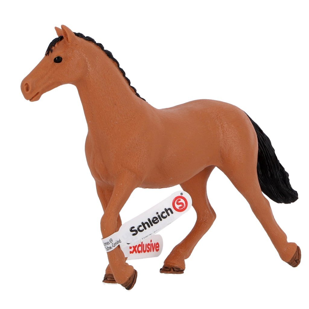 Un caballo de juguete Schleich marrón con crin y cola negras.
