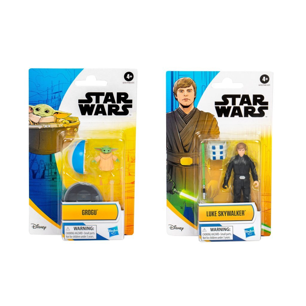 Action figure Star Wars confezionate: Grogu e Luke Skywalker.