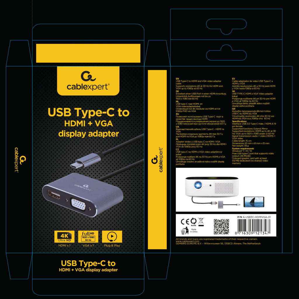 Embalaje de un adaptador USB-C a HDMI/VGA, con imagen del producto y especificaciones.