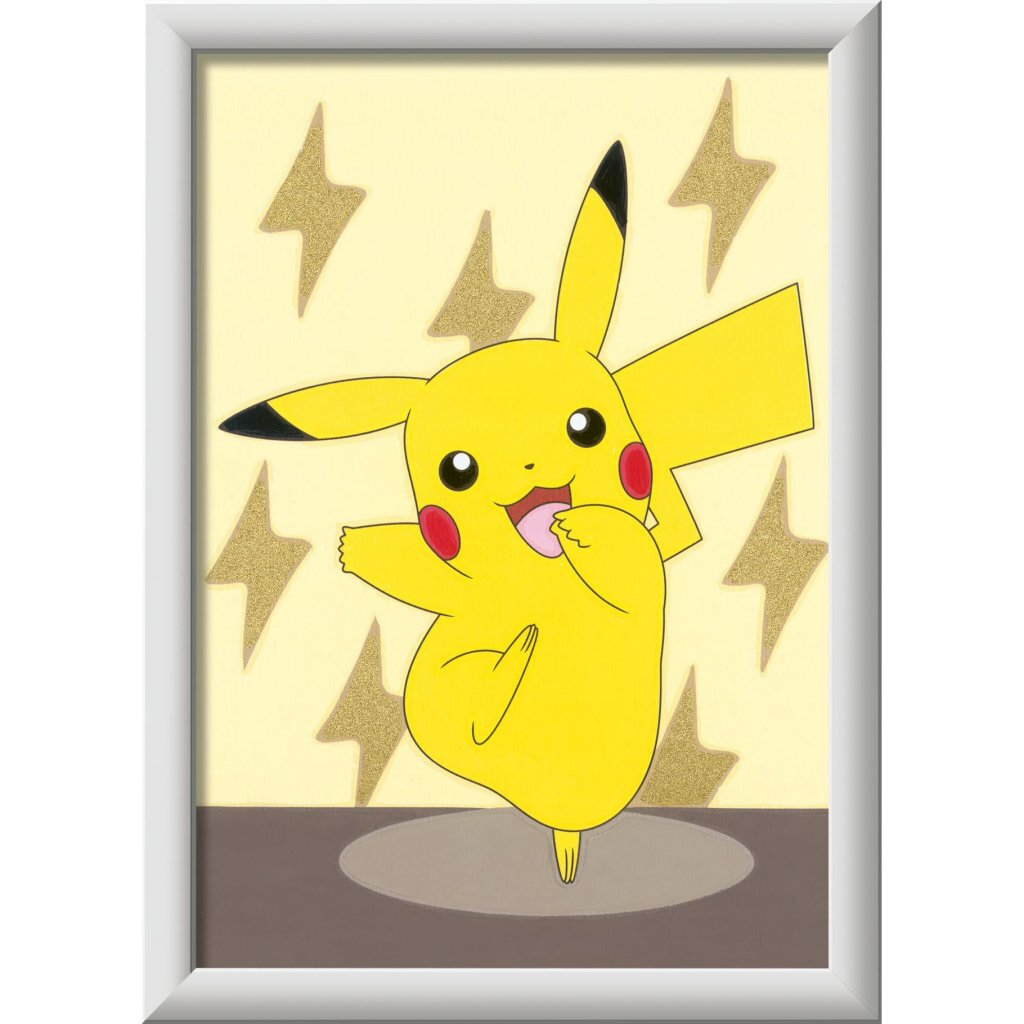 Un Pikachu amarillo baila sobre un fondo amarillo con rayos dorados.