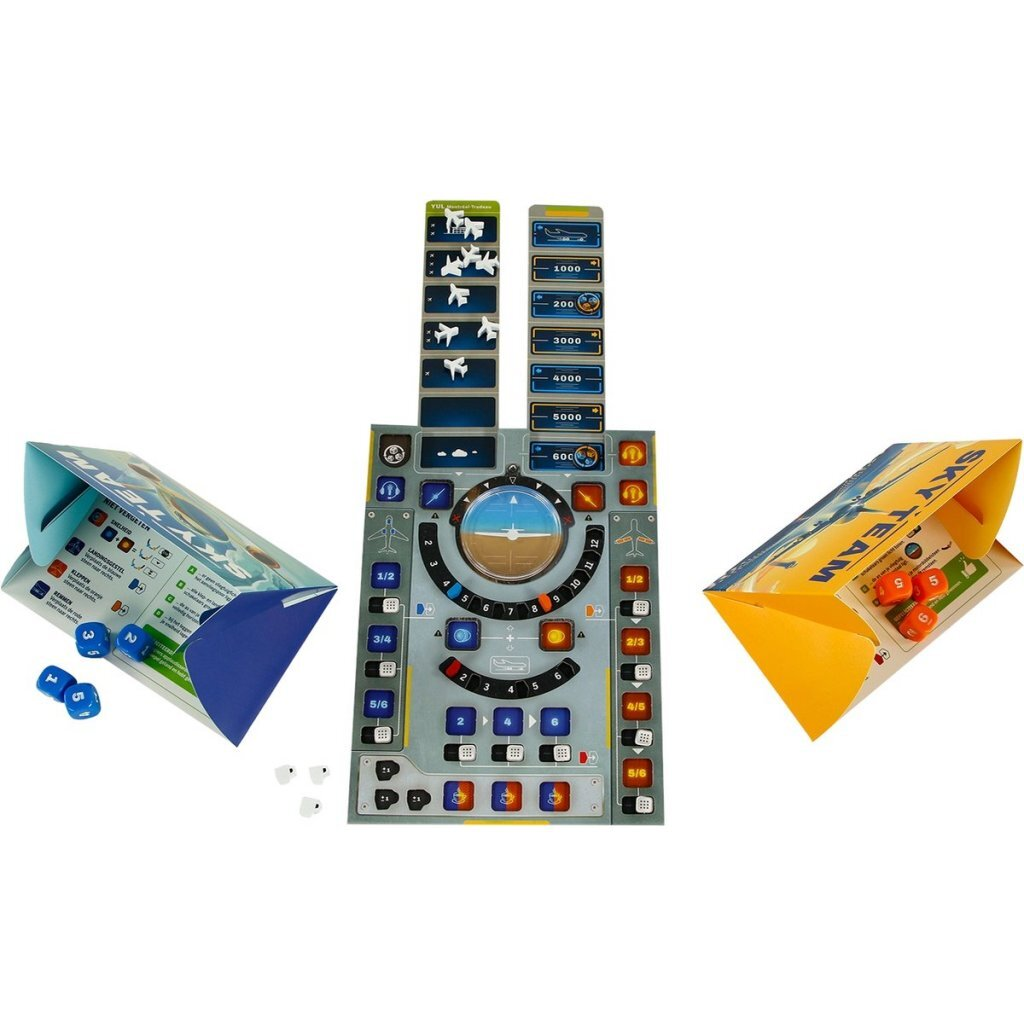 Bordspel met dobbelstenen en kaarten. Blauwe en gele "Sky Team" spelonderdelen.