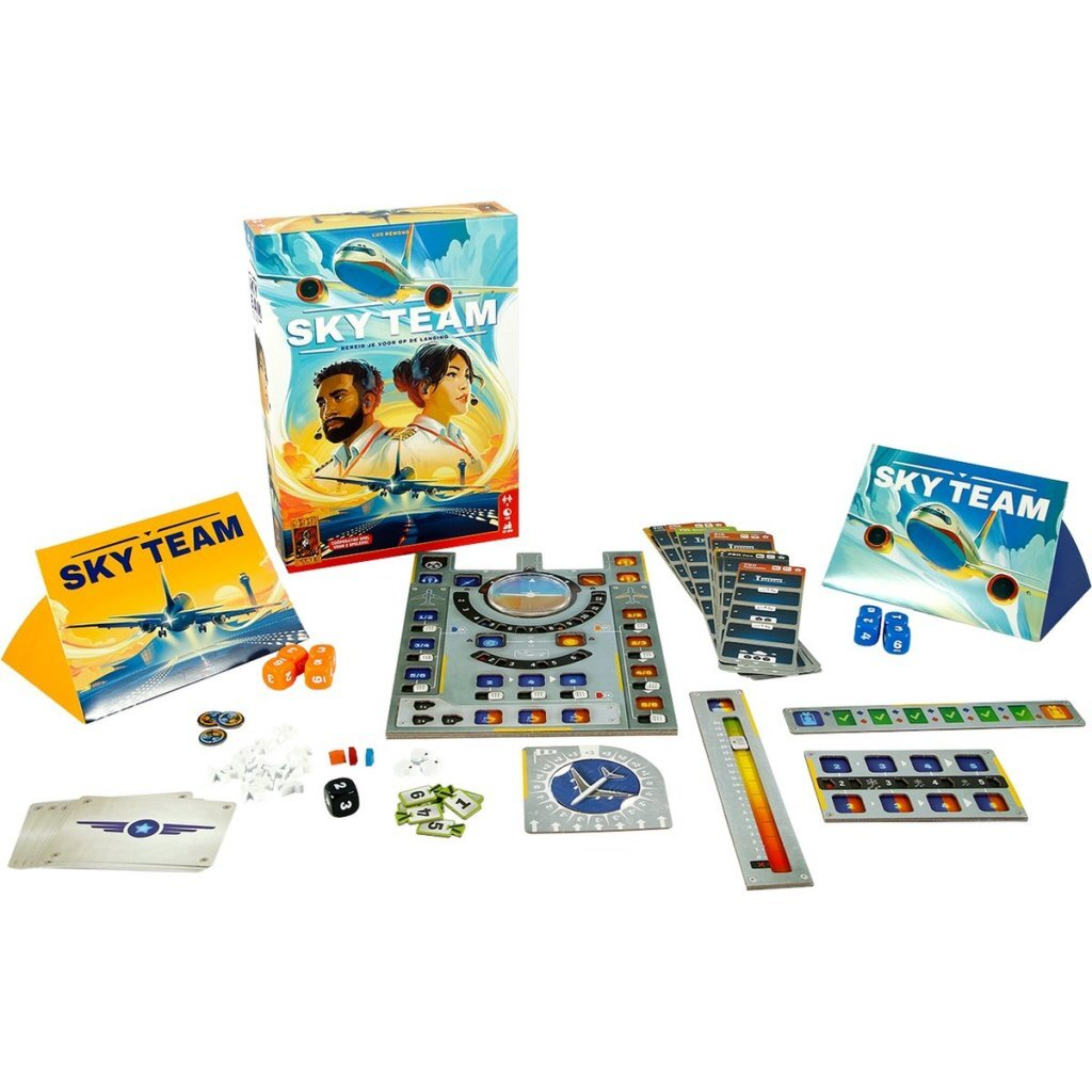 Het bordspel "Sky Team" met speelbord, kaarten, dobbelstenen en fiches op witte achtergrond.