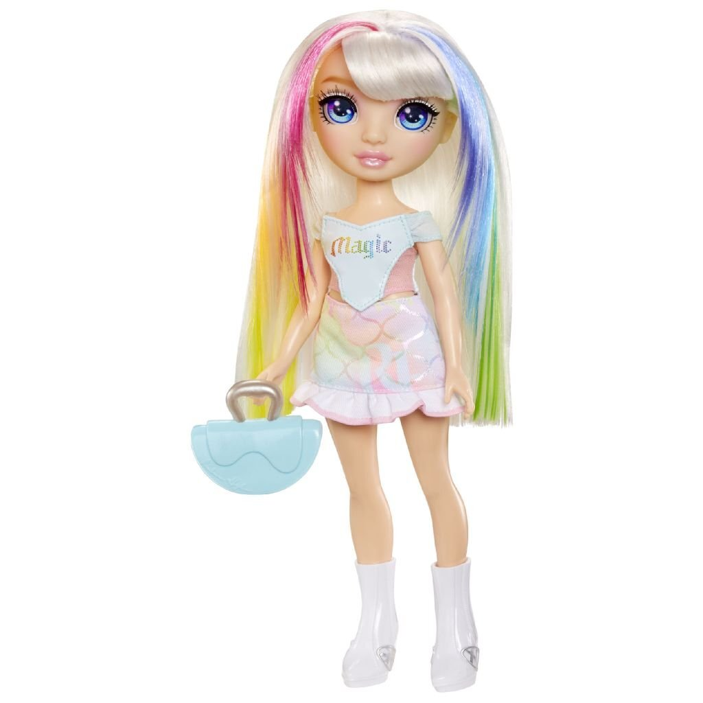 Una muñeca con pelo blanco y mechones de colores, con top, falda y bolso.