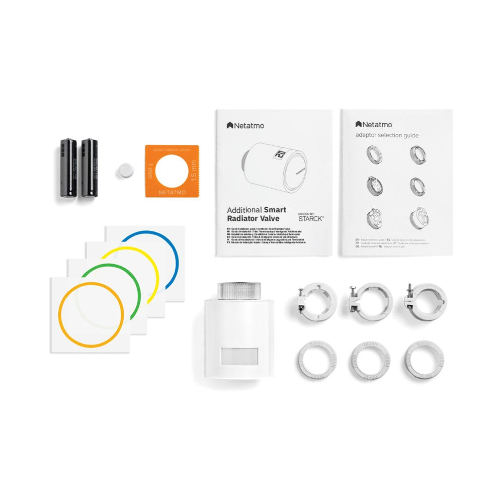 Netatmo smart radiator valve kit with batteries, adapters, and guides.