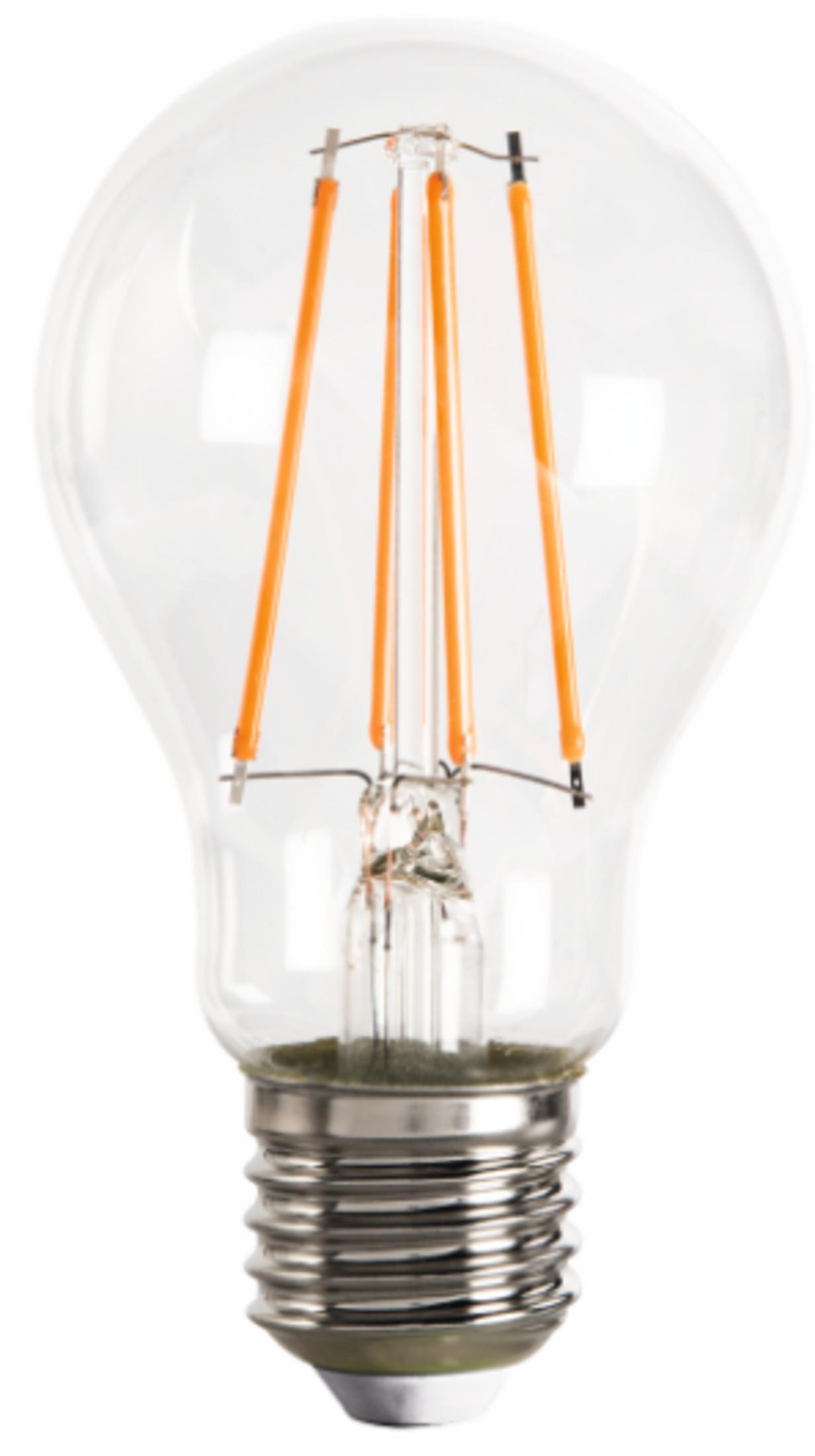 Eine klare Edison-Glühbirne aus Glas mit orangefarbenen Filament-LEDs und einem silbernen Metallsockel.