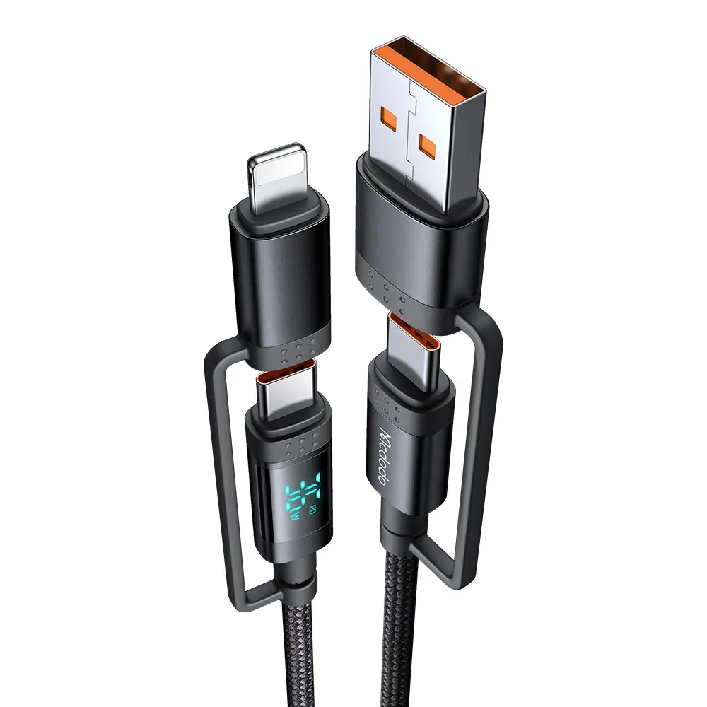 Dijital ekranlı, USB-A, USB-C ve Lightning konektörlü siyah şarj kablosu.